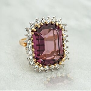 Vintage Ring Amethyst and Clear Austrian Crystal Cocktail Ring 18k Gold
